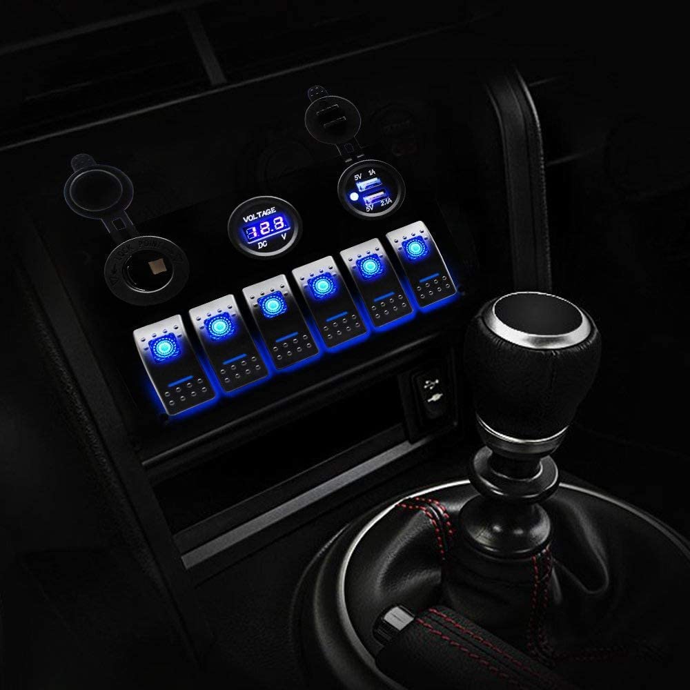 Panel de interruptor basculante para barco impermeable con pantalla de voltaje digital, puertos USB duales, fusible y luz LED para coche, camión, caravana, vehículos, yate(6 bandas, azul)