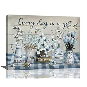 eiffecho Farmhouse Flower Bathroom Decor Wall Art Rustic Flower Every Day Is A Gift Floral Spring Summer Pictures Wall Decor Canvas Painting Prints Artwork Framed for Bedroom Living Room 16×12