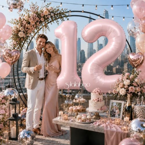 Image of 40 Inch Light Pink Number 12 Balloon 0-9 12th Foil Big Giant | Digital for Birthday Anniversary Graduation Decorations