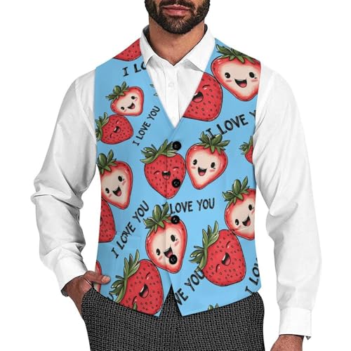 Strawberry I LOVE YOU Men's Suit Vests Business Formal Dress Vest V-Neck Waistcoat for Wedding Casual