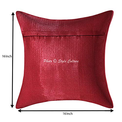 Image of Decorative Brocade Cushion Covers 16x16 Inch Banarasi Jacquard Weave Maroon & Gold Drawing Room Decor Peacock Bohemian Square 40x40 cm Zippered Sofa Settee Pillowcases -Set of 2 Pcs
