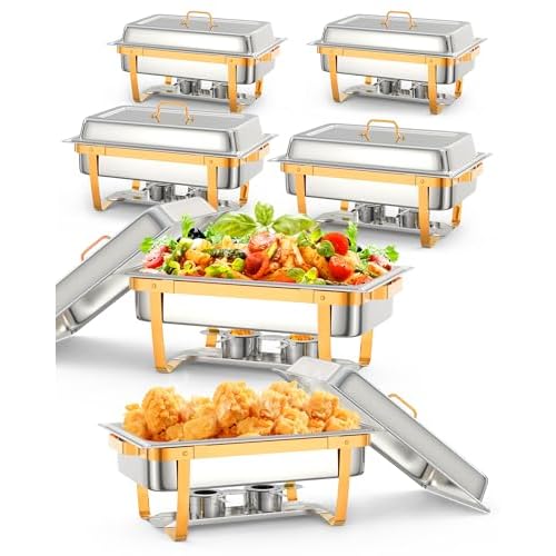GarveeHome Chafing Dish for Buffet Set, 6 Packs 8 QT Chafers and Buffet Warmers Sets with Folding Frame for Weddings Parties Banquets Catering Events, Gold