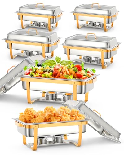 Chafing Dish Buffet Set, 8QT 6 Pack, Rectangle Chafing Dishes for Buffet w/Lid Holder, Stainless Steel Chafer Food Warmers Servers for Kitchen Party Banquet Dining, Gold