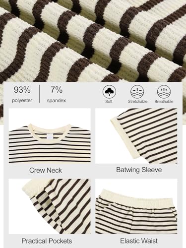 Image of Girls Summer Outfits Striped T-Shirt & Shorts Set for 5-14Y | Kids 2 Piece Clothing, Breathable Textured Tops and Bottoms with Pockets, Great for Casual Wear, School, Sports or Vacation