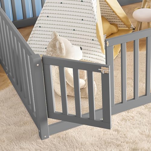 Image of Bellemave Queen Size Kids Montessori Floor Bed with Door,Solid Wood Floor Bed Frame with High Fence for Girls,Boys,Gray