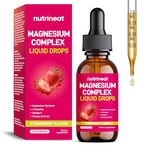 NutriNeat Magnesium Glycinate Liquid (60 ml), High Absorption Complex with L-Theanine & Omega-3, Supports Calm, Sleep & Muscle Health, Kids & Adult Liquid Magnesium Drops (Strawberry Flavor)