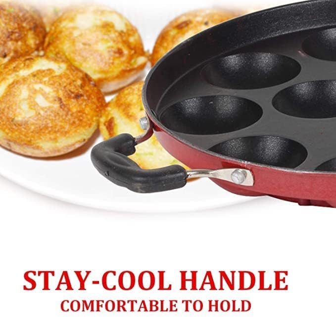 Image of Non-Stick 12 Cavity Appam Patra Pan with Stainless Steel Lid | 2 Side Handle | Multipurpose Appam Maker | Appam Patra | Appam pan | Litti Maker | Appe Stand | Dishwasher Safe (Red)