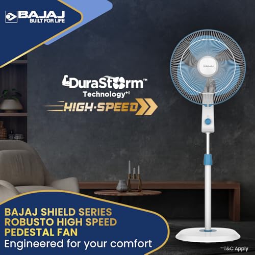 Image of Bajaj Shield Series Robusto High Speed 400mm Pedestal Fan for Home | DuraStorm Technology | Surge Protection | 100% Copper Motor | High Air Delivery | 3 Years Warranty 【Blue & White】