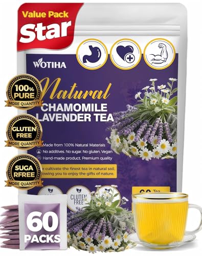 WOTIHA 60 Count Premium Chamomile Lavender Tea Bags - 100% Pure Flowers, Soothing Aroma, Supports Relaxation & Better Sleep, Caffeine-Free, Additive-Free, Sugar-Free, Vegan.Non-GMO