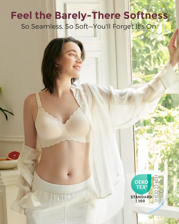 Momcozy Wireless Seamless Bra, Classic Jelly Strip Lift, Soft, Comfortable T-Shirt Bra, Beige, 34B2