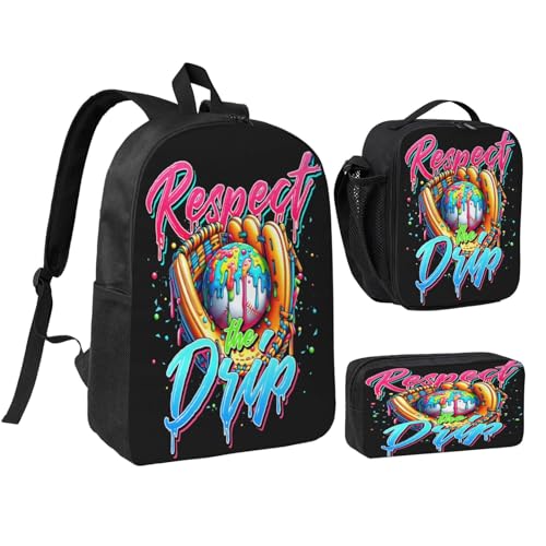 Baseball Respect Drip Home Plate Drip Game Day 17 Inch Backpack Sets Lunch Bag Lightweight Daypack for Men Women 3Pcs