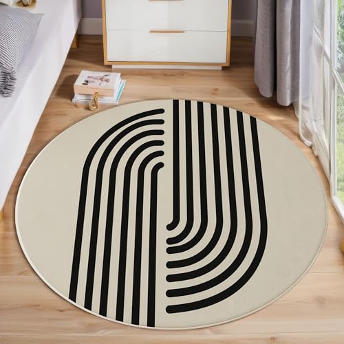 Tapis de chambre à coucher rond beige et doux imprimé géométrique