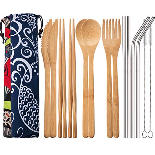 Blulu 2 Set Bamboo Utensils Travel Cutlery Set Flatware Set 7.8 Inches Bamboo Knife Fork Spoon Chopsticks, Stainless Steel Straight Straw Bent Straw with Clean Brush and Cloth Pouch