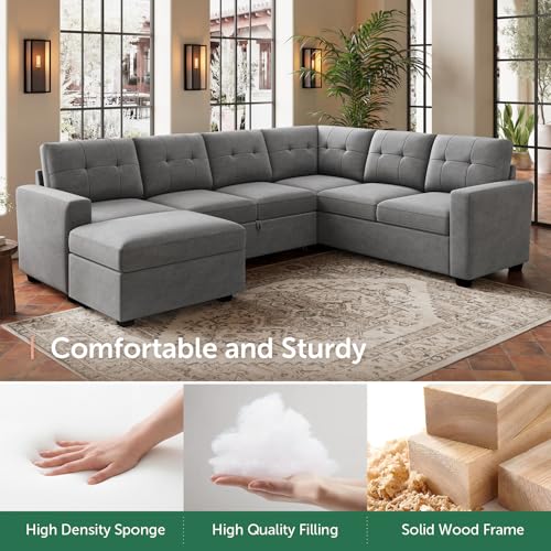 Image of HONBAY 106.2 Inch U-Shaped Sectional Sleeper Sofa with Pull-Out Bed & Storage Ottoman, 7-Seater Sectional Sofa for Living Room, Pet-Resistant Fabric Couch, Grey