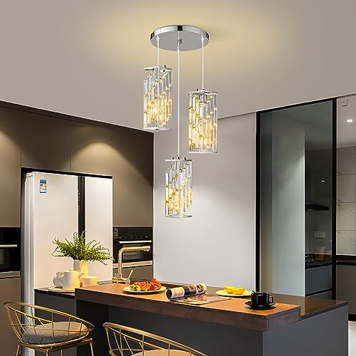 Image of Chrome Pendant Lighting Modern Pendant Light, Mini Crystal Chandeliers,Adjustable Pendant Light Fixture for Kitchen Island Dinning Room Bedroom (3 Light)