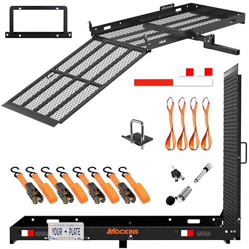 Mockins XL 60"x30"x5" Folding Hitch Cargo Carrier with Ramp | Heavy Duty Trailer Hitch Basket Cargo Carrier with Portable Wheelchair Ramp | 500 Lbs. Cap Weatherproof Steel Scooter Rack & Accessories