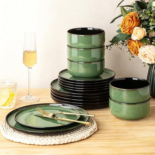 Image of LeRatio Ceramic Dinnerware Sets for 6,Porcelain Plates and Bowls Sets,Handmade Reactive Glaze Dishes Set,Chip Resistant and Scratch Resistant | Oven&Dishwasher & Microwave Safe-Green(18PCS)