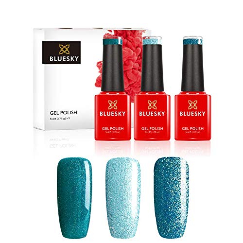 BLUESKYGel Nail Polish Set, Crystal Teals, Seabed Pch40, Glacial Mist 80612, Electric Glitter Blue Lt065, 3 x 5 ml, Shimmer, Blue, Green,(Requires Curing Under UV or LED Lamp)