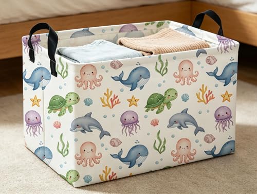 Image of Rectangle Kids Baskets Ocean Basket Cute Storage Bin Fish Box for Room Decor Gift Basket(Cute ocean)