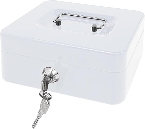 Caja de efectivo de acero con cerradura de llave, organizador de dinero pequeño de metal con bandeja para dinero, caja de almacenamiento de efectivo