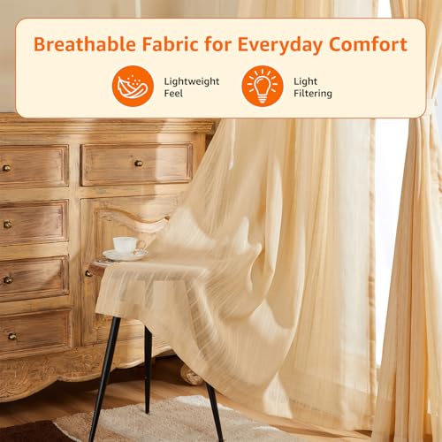Image of Amazon Basics - Stripe Textured Sheer Door Curtains | Light Filtering | 7 Feet | Set of 2 | Striped Design | for Living Room, Bedroom & Balcony | 210cm x 115cm, Color - Cream