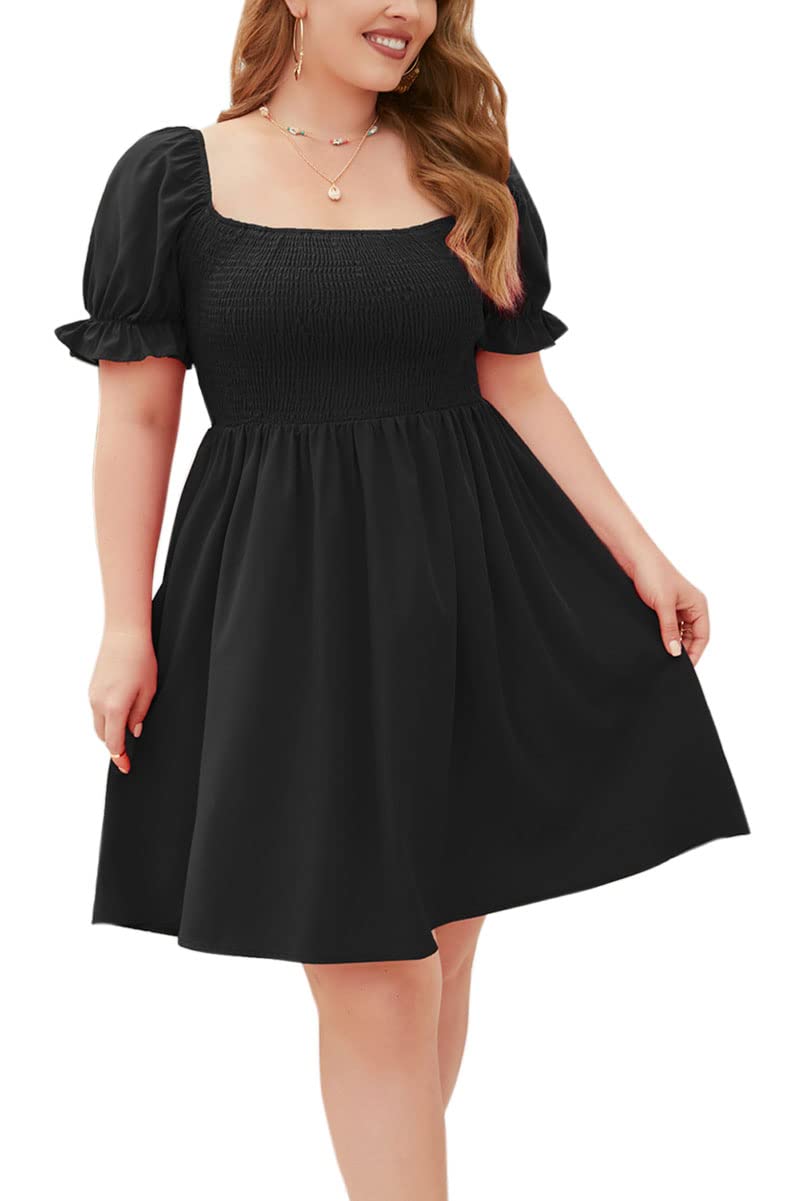Engood Women's Solid Plus Size Boho Summer Square Neck Puff Sleeve Off Shoulder Smocked Tiered Casual A Line Short Mini Dress