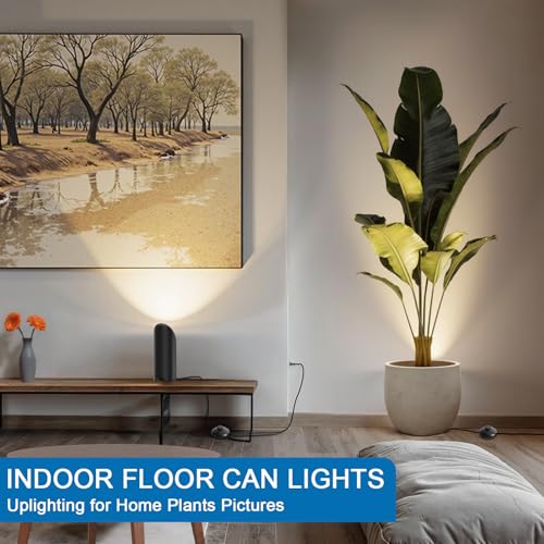 Image of 2 Pack Up Lights Indoor, 6W 3000K Warm White Uplighting Indoor Floor Can Light with GU10 Bulb, Indoor Floor Spotlight for Plants, Wall & Artwork, Plug Cord & Foot Switch, Black