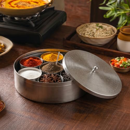 Image of CURAA Stainless Steel Masala Dani | By Chef Sanjyot Keer | Masala Box for Kitchen with Spoon (Pure Steel, 7 Detachable containers, 100 ML) | Spice Storage Container | Spice Box for Kitchen Gift