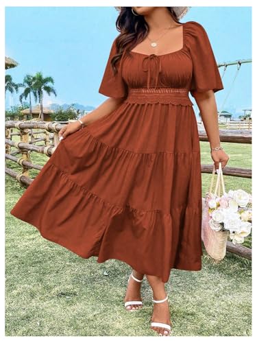 Women's Plus Size Ruffle Flowy Dress Summer Boho Square Neck Ruched Milkmaid Dress Tie Front A Line Maxi Sundress4