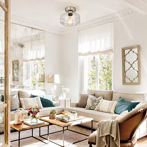 Semi Flush Mount Ceiling Light Fixtures, Brushed Nickel Industrial Seeded Glass Lamp Shade Ceiling Light, Modern Silver Farmhouse Lighting For Kitchen Hallway Porch Corridor Bedroom, Bulb Not Included #TOP7