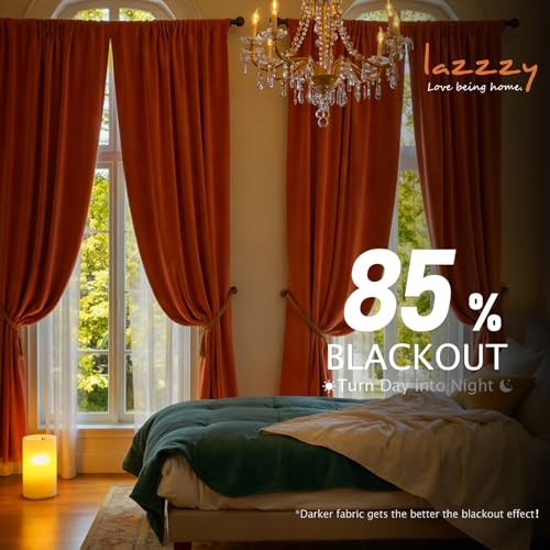 Image of Blackout Pumpkin Velvet Curtains Rod Pocket 52W x 96L 2 Panels | Soft Velvet, For Bedroom & Living Space, Light Shifting Texture, Elegant Luxury Drape, Charming, Warm
