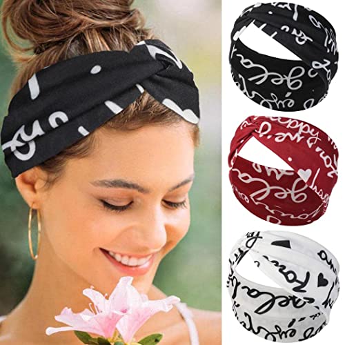 Norhogo 3 diademas elásticas para mujer, con estampado de letras negras, bandas para el pelo, pañuelo cruzado, para entrenamiento, yoga, accesorios para el cabello para mujeres y niñas (negro, rojo
