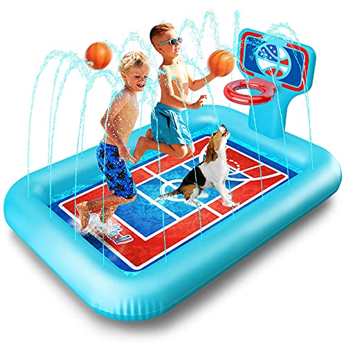 Splashie XXL Basketball Splash Pad - 82" Inflatable Basketball Sprinkler Pool for Kids - Outdoor Splash Pad for Kids and Toddlers - Backyard Splash Pad Plus 2 Inflatable Basketballs Included