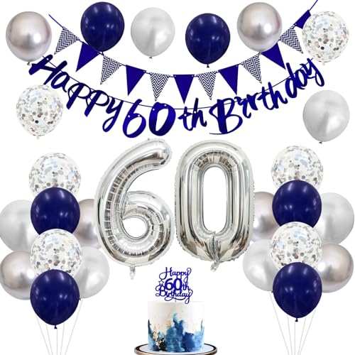 Image of 60th Birthday Decorations for Men Women, Blue Silver White Birthday Balloons, Blue Happy 60th Banner Cake Topper Number 60 Foil Balloon for 60 Year Old Party Decoration