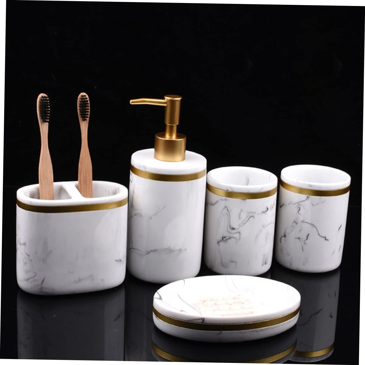 5Pcs Resin Bathroom Accessory Set Elegant Marbling Design Includes Toothbrush Holder Liquid Pump Bottles for Organizing Bathroom Supplies and Enhancing Decor