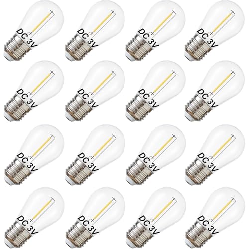 abulber Solar String Light Bulbs, DC 3V Low Voltage, Shatterproof Waterproof S14 LED Bulbs, E26 Medium Base 1W Warm White 2700K 16 Pack.