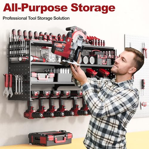 ODSNANIE 4 Ebenen Werkzeug Wandhalterung,Wandhalterung Schlagbohrschrauber Werkzeugregal für 8 Elektrowerkzeug, Metall Werkzeugorganizer mit Seitlichem Schraubendreher für Garage Werkstatt，84.5*20*42