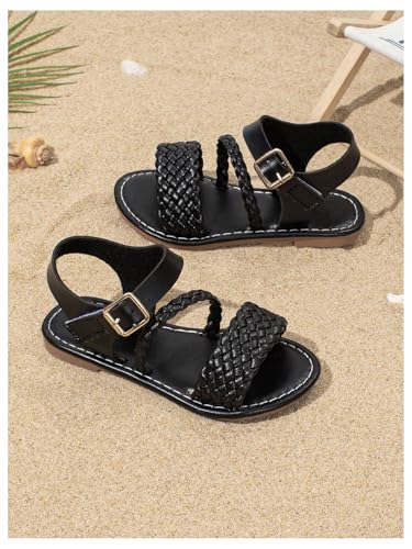 Image of GORGLITTER Girl's Leather Ankle Strap Flat Sandals Dressy Braided Round Open Toe Summer Vacation Beach Cute Sandals 2025