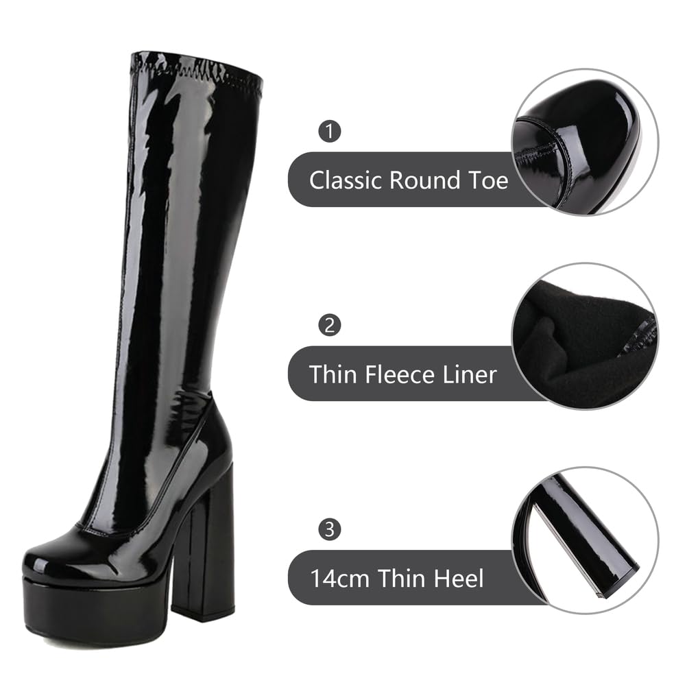 Bottes Longues pour Femmes Jusqu'au Genou, Talons Épais De 14 Cm, Plateforme, Cuir Verni Extensible, Bottes Hautes pour Soirées Et Usage Quotidien