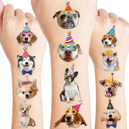 Image of 96 PCS Pre-Cut Dog Temporary Tattoos for Kids First Birthday Party Favors | Super Cute Pet Themed Supplies, Decorations, Animal Fake Tattoo Stickers School Rewards Prizes & Gifts Boys & Girls
