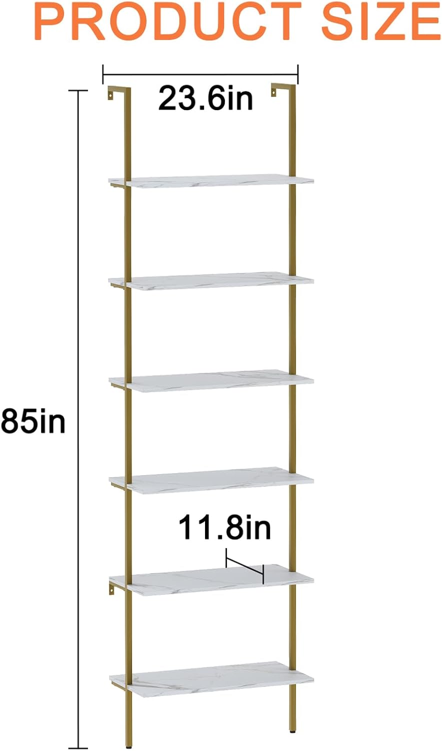 Ladder Shelf 6 Tiers Marble White Modern Bookshelf Open Tall Wall Mount Bookcase Standing Leaning Wall Shelves Industrial Decorative Living Room Bed Room - Image 3