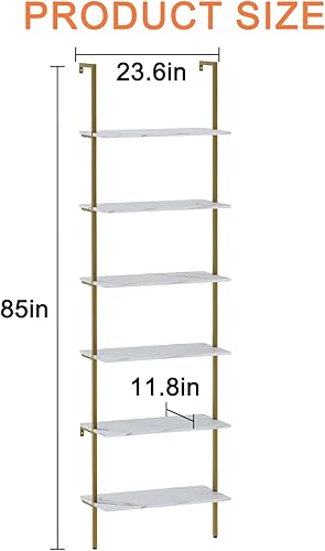 Miniatura 3 de Wolawu Estantería de escalera de 6 niveles de mármol blanco estantería moderna abierta alta para montaje en pared, estantes de pared inclinados,