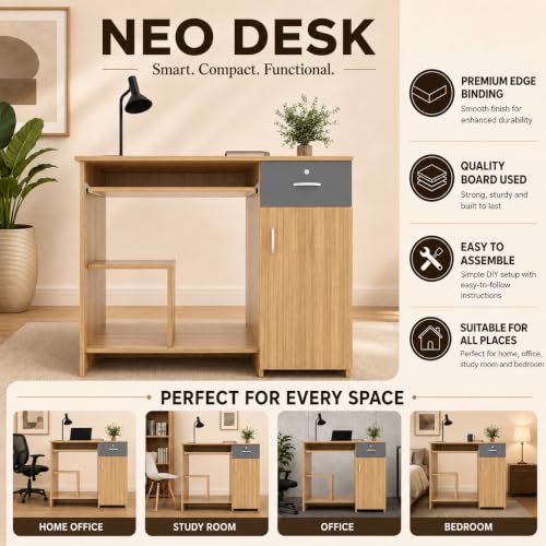 Image of 45x90x76CM Engineered Wood Study & Office Table with Drawer, Cabinet Storage & Keyboard Tray | Sturdy, Foldable DIY Multipurpose Table- Urban Teak with Grey