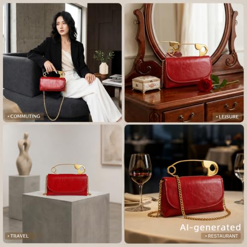Image of Women's Small Soft Pin Shaped Vegan Leather Crossbody Purse Bag with Gold Metallic Handles & Chain