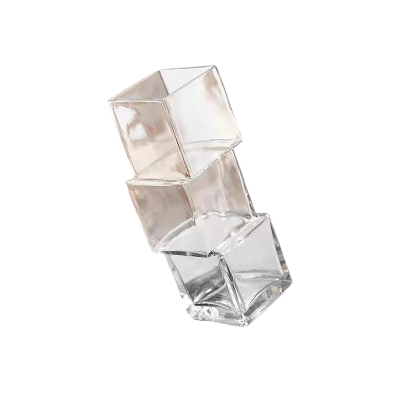 Mekalero Transparent Color Decorative Glass Flower Vase With Stacked Geometric Profile, Tabletop Home Accent For Floral Display And Shelf Styling Floral Vessel Glass Bud Vase Shelf Centerpiece Square Profile Indoor Home Accent