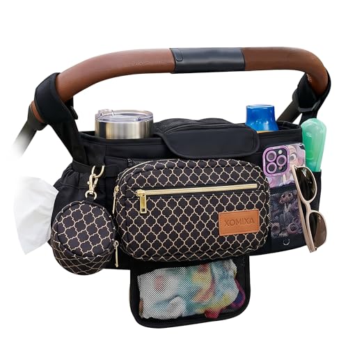 XOMIXA Stroller Organizer with Cup Holders – 9-in-1 Universal Baby Stroller Caddy with Large Pockets, Detachable Pouch & Pacifier Bag, Hooks & Adjustable Reflective Straps, Fits Most Strollers.