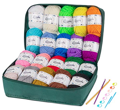 Lemonfilter 20 x 30g Acrylic Yarn Skeins Assorted Colors 1312 Yards, Bulk Yarn Kit with 2 Crochet Hooks, 2 Plastic Knitting Needle, 8 Markers