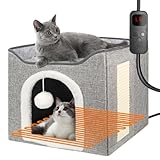 Heated Cat Bed for Indoor Cats, Foldable Cat House with Removable Heating Pad for Cats Small Dog Covered Cat Bed Cave Kitty Hideaway with with Scratch Pad, All Season Use