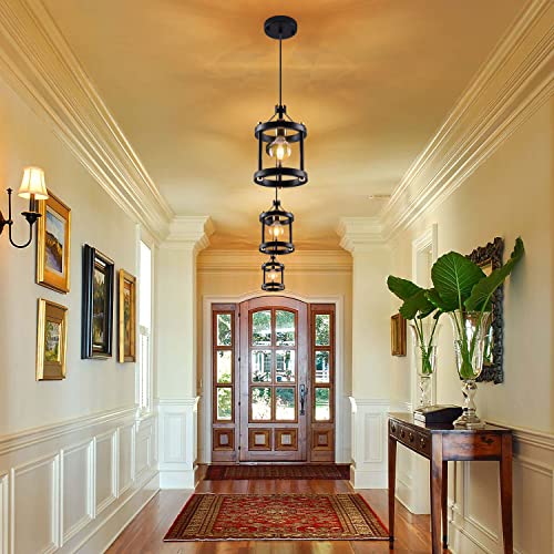 Mo&Ok M2-003-3 Chandelier Set Of 3 Vintage Pendant Light Fixture, Black Farmhouse Wooden Metal Chandeliers, Open Frame Hanging Lighting For Diningroom,Bar,Entrance Hall,Kitchen Island Living Room thumb #4