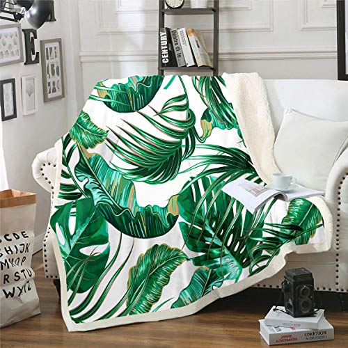 Palm Leaf Fuzzy Blanket Tropical Leaves Sherpa Blanket for Sofa Bed Couch Palm Tree Print Fleece Throw Blanket Green Botanical Fuzzy Blanket Room Decor Plush Blanket Double 60x79 Inch